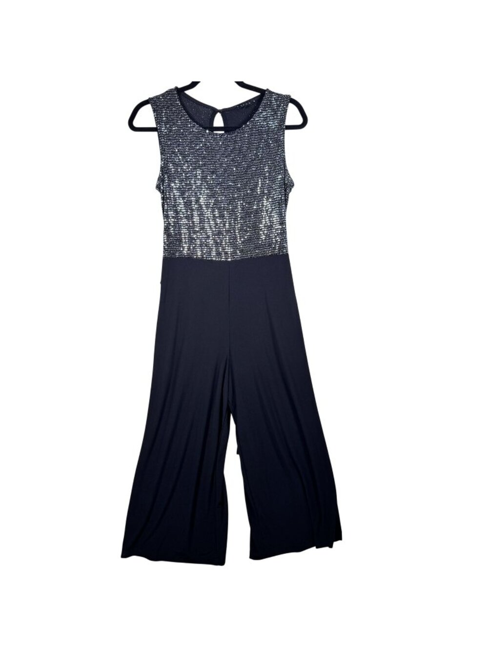 Tiana B. Black & Silver Sequin Sleeveless Jumpsuit Romper Tie Back Waist Medium